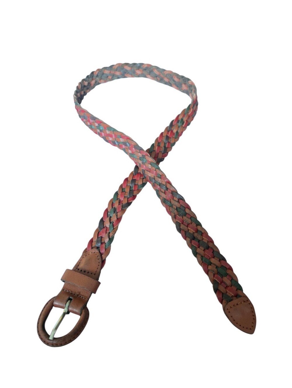 Braided Multicolor Leather Belt - Tan, Pink & Green Vintage